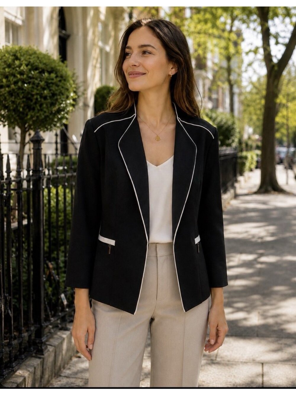 Kasper Separates Suit Jacket Blazer 12 Black White Piping Open Zip Pockets